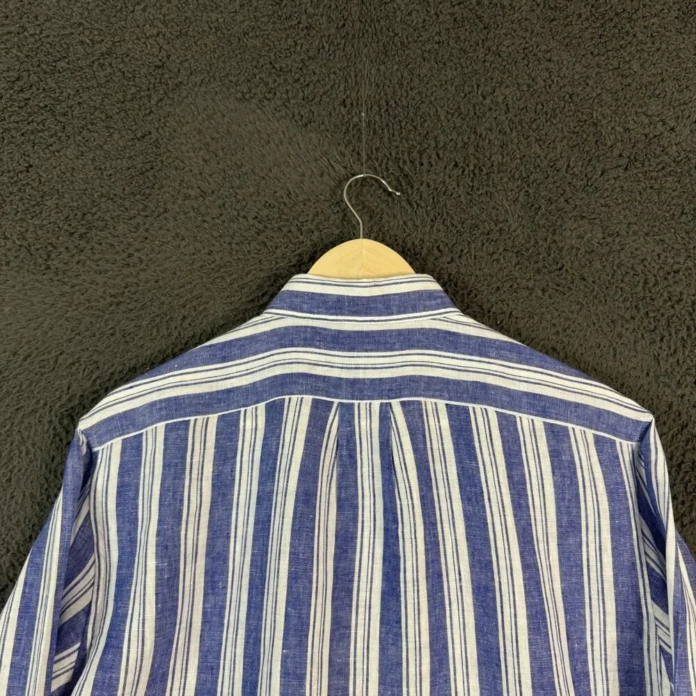 J Crew Shirt Mens Medium 100% Linen Blue Striped Slim Fit Lightweight Preppy